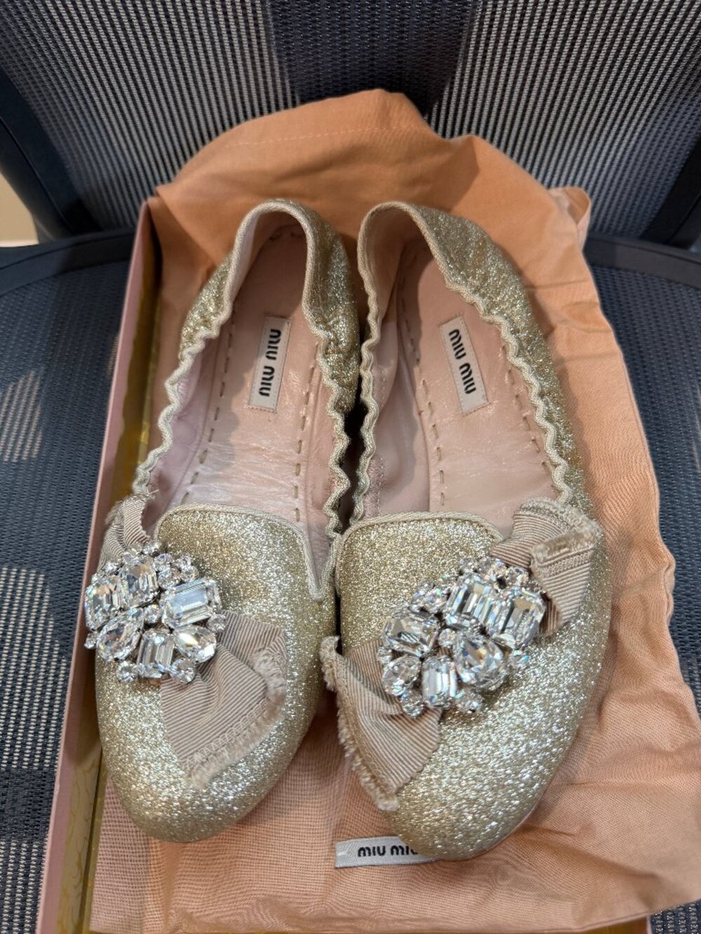 Miu Miu Gold Glitter Crystal Embellished Slipper Flats EU 38 Box Bag